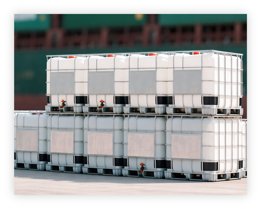 Contenedores IBC apilados en operación logística portuaria industrial